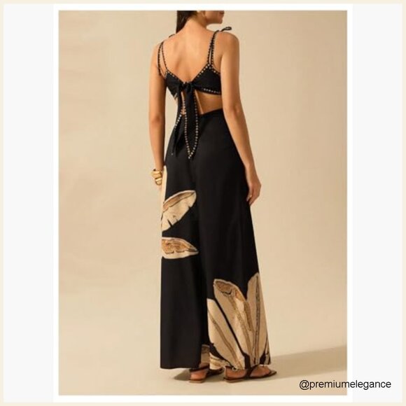 Boho Print Maxi Dress with Tie Shoulder Spaghetti Strap Cut Out Back - Picture 2 of 5